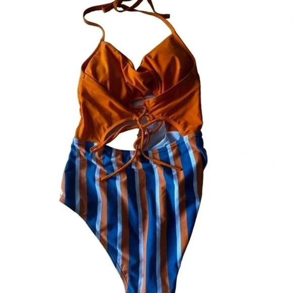 Cupshe Kylie Halter Lace Up Twist One Piece Swimsuit Size L orange blue stripe - Picture 4 of 6